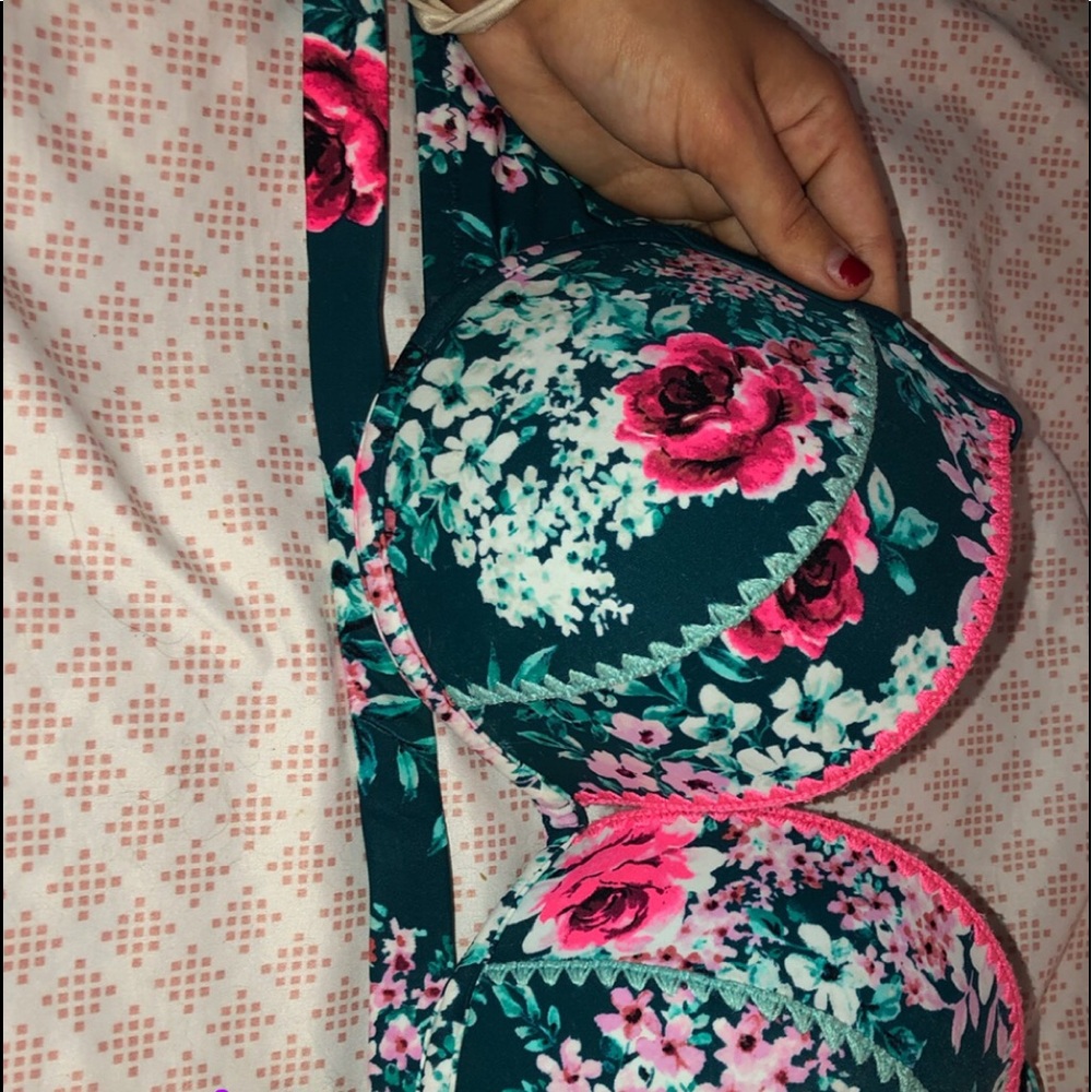 green and pink floral swim suit